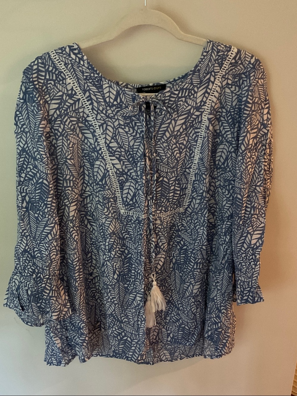 Robert Louis Blue and White Leaf-Print Tunic Top